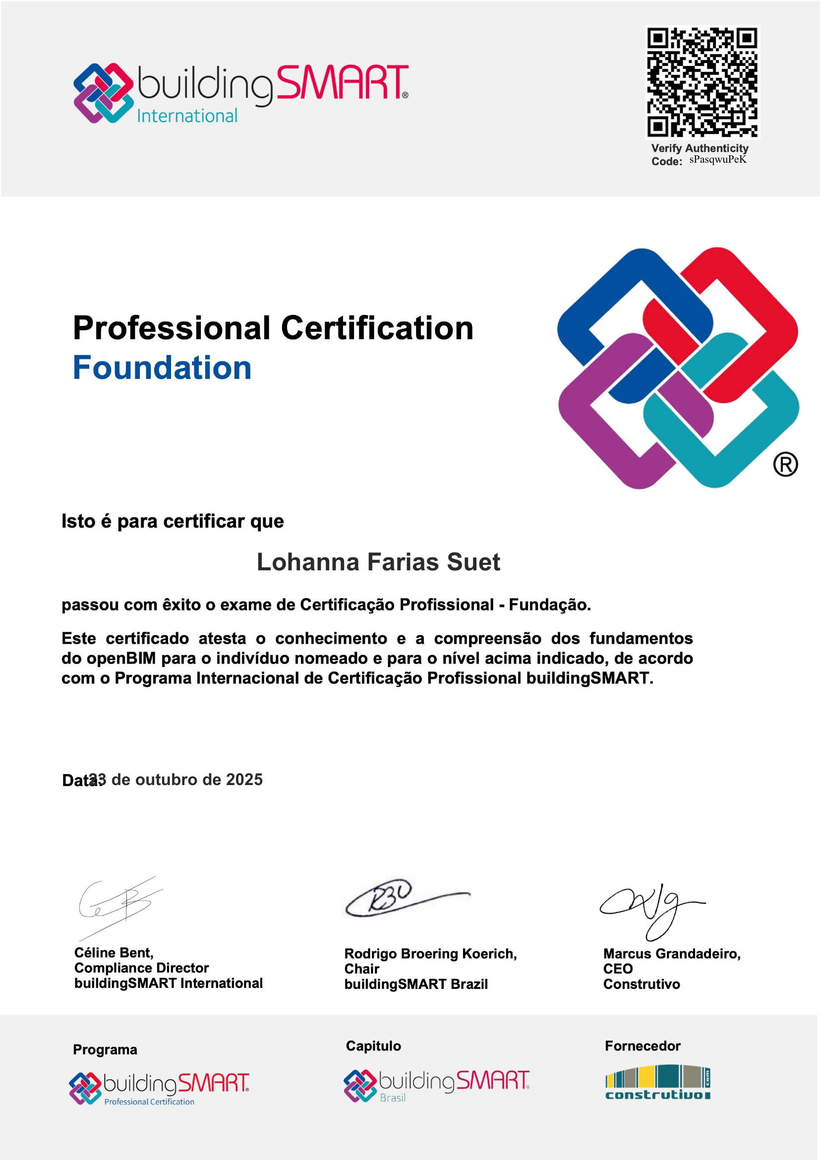 Certificado buildingSMART Professional Certification Foundation de Lohanna Farias Suet