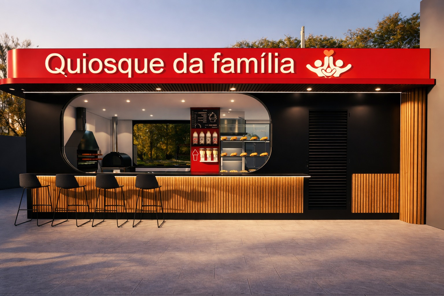 Renderização frontal do Quiosque da Família com balcão e equipamentos